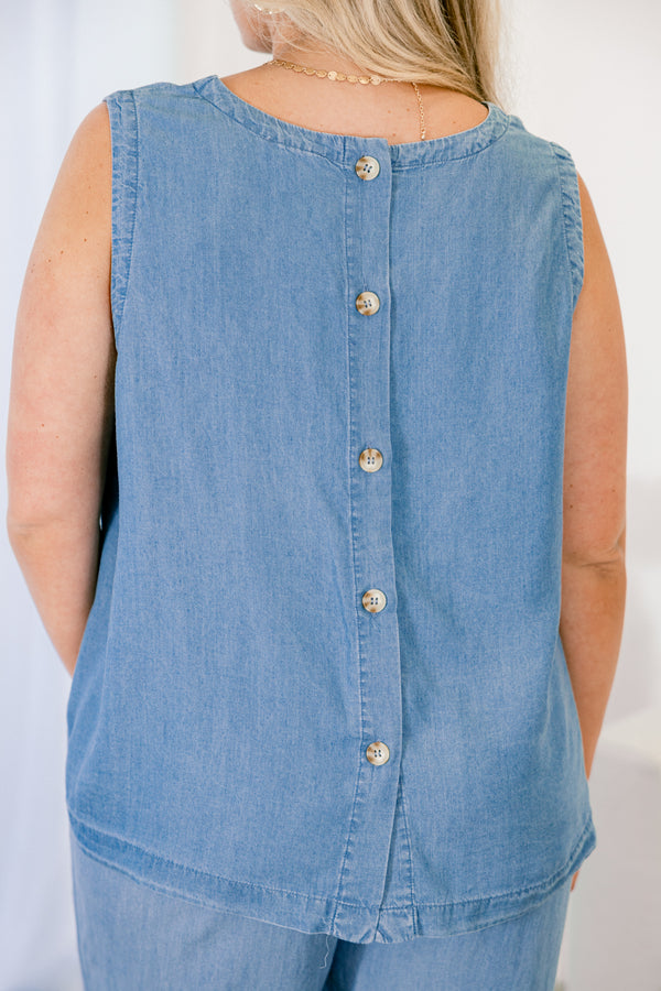 Chic Soul plus size clothing, chambray blue tank top with buttons down the back