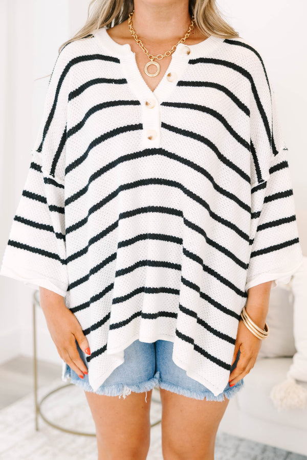 Chic Soul plus size clothing, ivory flowy top with black stripes and quarter length sleeves