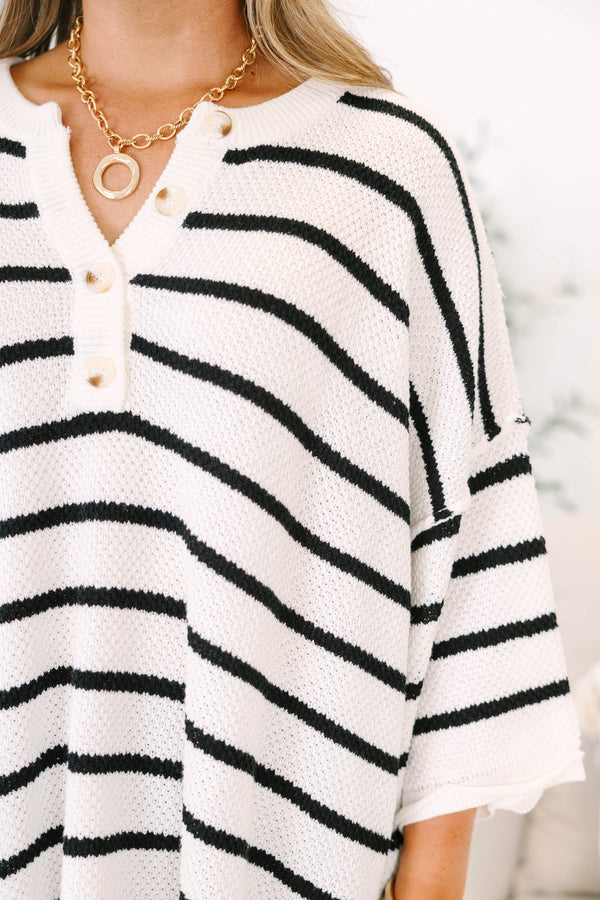 Chic Soul plus size clothing, ivory flowy top with black stripes and quarter length sleeves