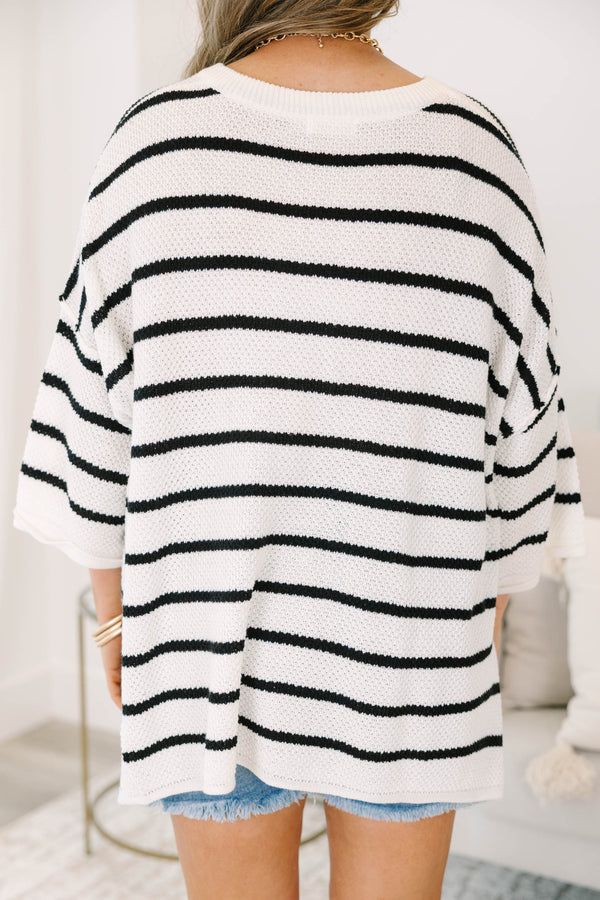 Chic Soul plus size clothing, ivory flowy top with black stripes and quarter length sleeves