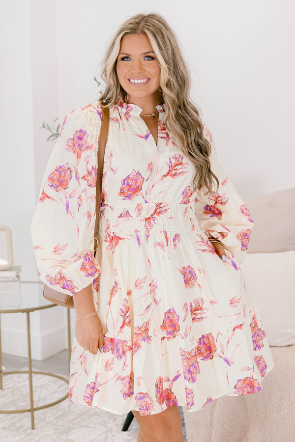 Chic Soul plus size clothing, cream and red floral print long sleeve short baby doll dress with cinched waist