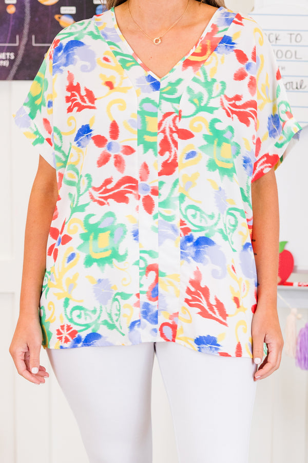 Chic Soul plus size clothing, short-sleeve off-white top with v-neckline and multi-colored floral pattern