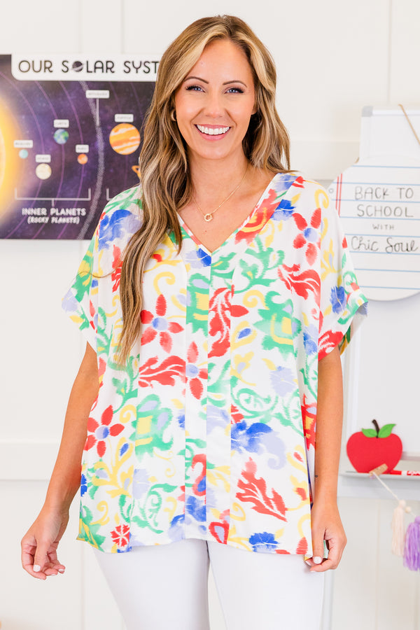 Chic Soul plus size clothing, short-sleeve off-white top with v-neckline and multi-colored floral pattern