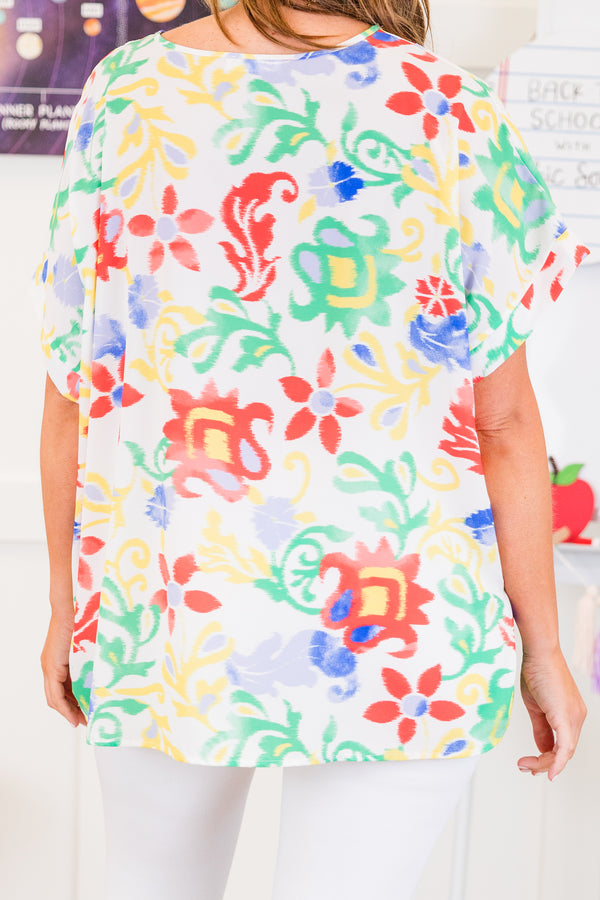 Chic Soul plus size clothing, short-sleeve off-white top with v-neckline and multi-colored floral pattern