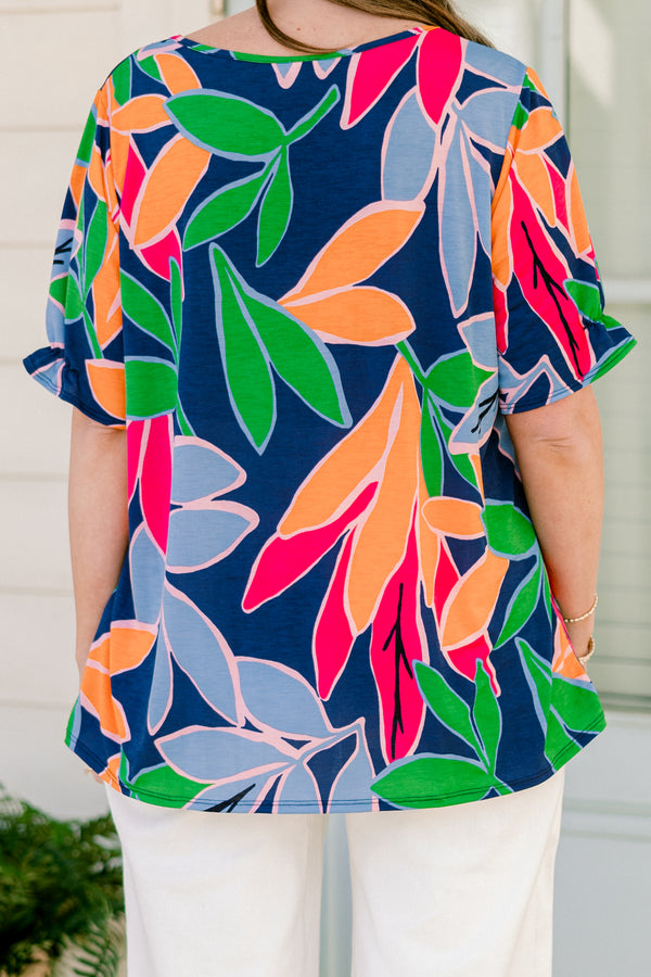 Chic Soul plus size clothing, short-sleeve navy fuchsia top with a v-neckline and a multi-colored tropical floral pattern