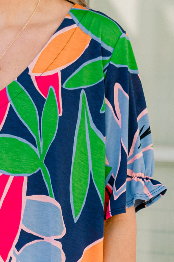 Chic Soul plus size clothing, short-sleeve navy fuchsia top with a v-neckline and a multi-colored tropical floral pattern