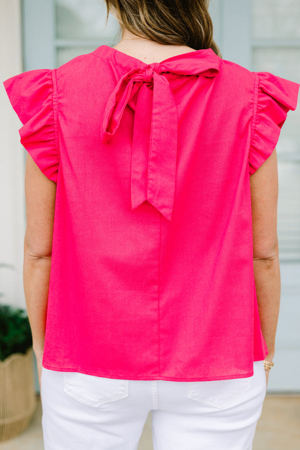 Chic Soul plus size clothing, hot pink top with a high neckline and flutter sleeves