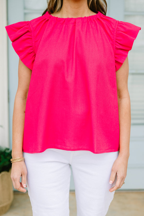 Chic Soul plus size clothing, hot pink top with a high neckline and flutter sleeves
