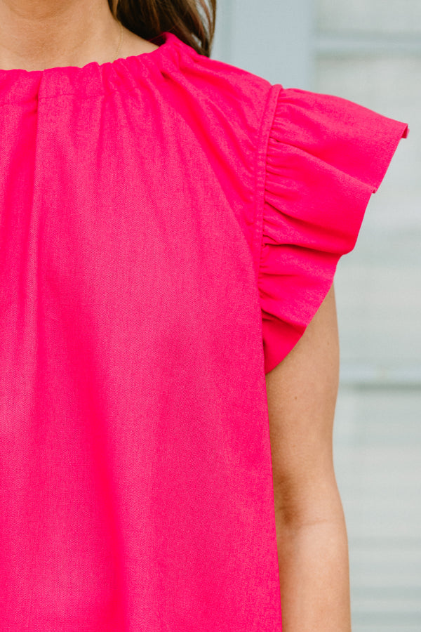Chic Soul plus size clothing, hot pink top with a high neckline and flutter sleeves