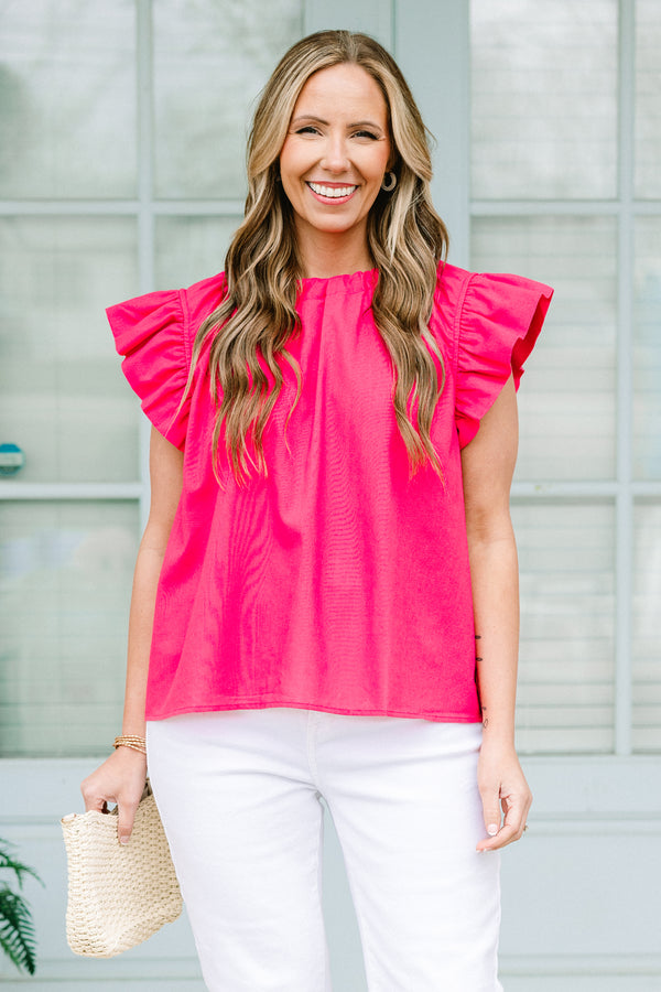 Chic Soul plus size clothing, hot pink top with a high neckline and flutter sleeves
