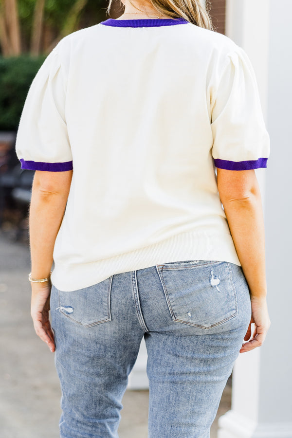 Chic Soul plus size clothing, white short sleeve knit top with purple trim along round neckline and puff sleeves with brown football graphic with 