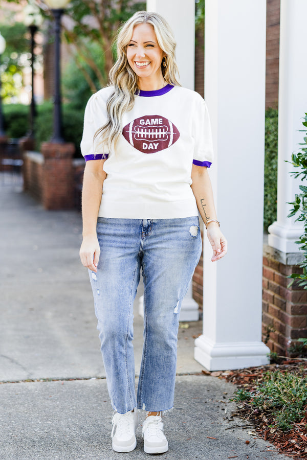 Chic Soul plus size clothing, white short sleeve knit top with purple trim along round neckline and puff sleeves with brown football graphic with 