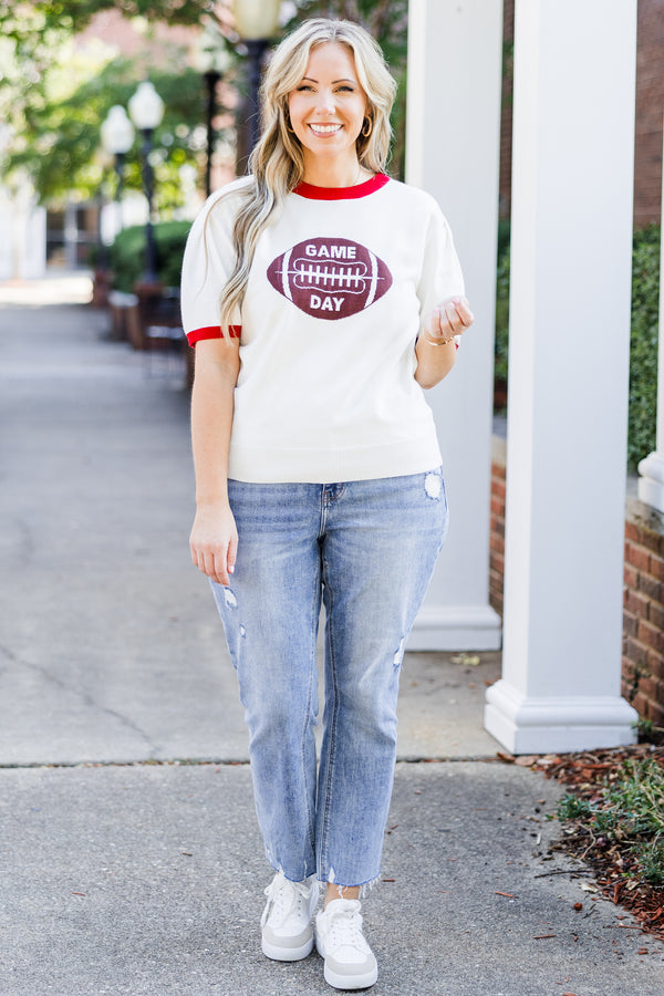 Chic Soul plus size clothing, white short sleeve knit top with red trim along round neckline and puff sleeves with brown football graphic with 