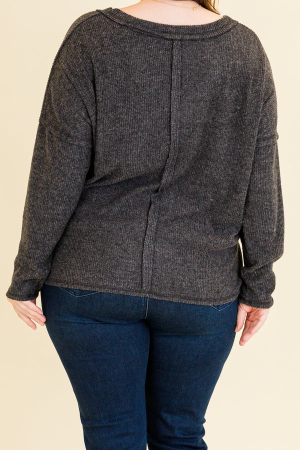 Chic Soul plus size clothing, black ribbed long sleeve top with v neckline and outer stitching detail