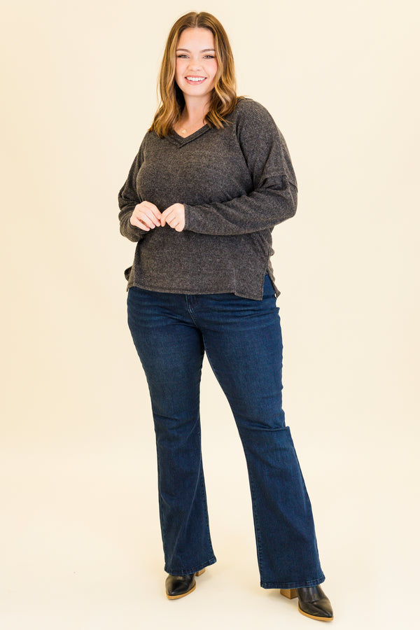 Chic Soul plus size clothing, black ribbed long sleeve top with v neckline and outer stitching detail