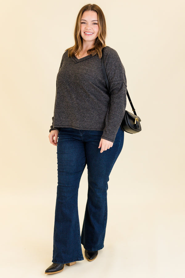 Chic Soul plus size clothing, black ribbed long sleeve top with v neckline and outer stitching detail