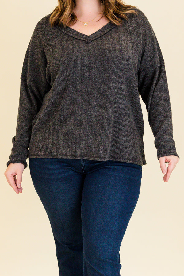Chic Soul plus size clothing, black ribbed long sleeve top with v neckline and outer stitching detail
