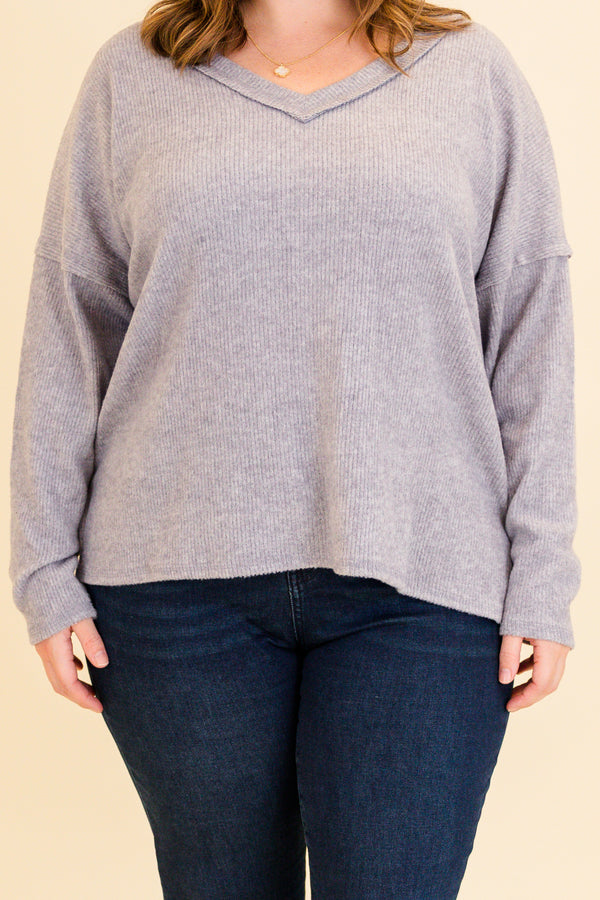 Chic Soul plus size clothing, heather gray long sleeve ribbed top with v neckline 