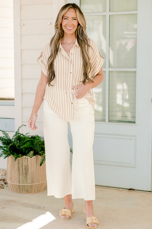 Chic Soul plus size clothing, khaki and white vertical stripe print short sleeve button up top with collar detail and cuff sleeves