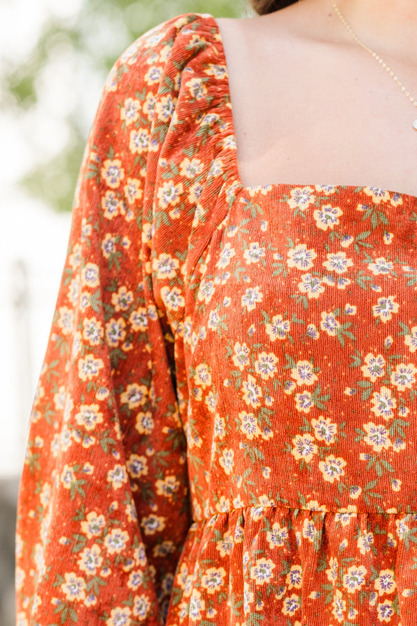 Chic Soul plus size clothing, long sleeve rust mini dress with cuffed puff sleeves with square neckline with small white and green floral detail
