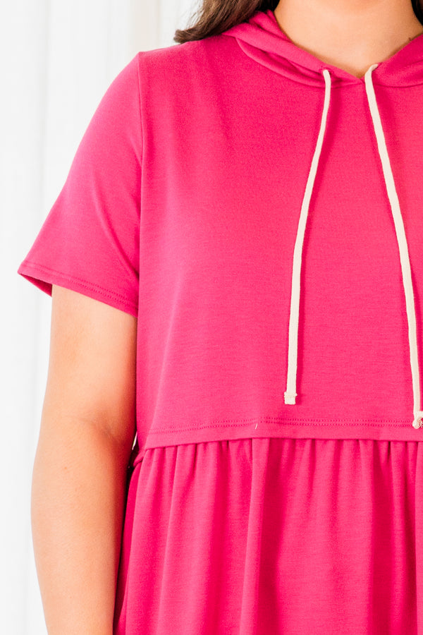 Chic Soul plus size clothing, fuchsia short sleeve baby doll top with hoodie and white drawstrings 