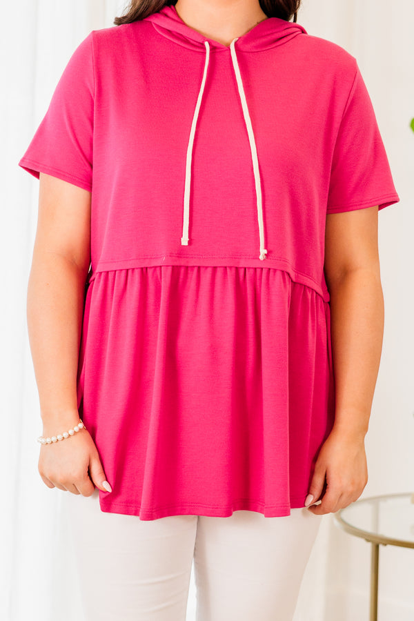 Chic Soul plus size clothing, fuchsia short sleeve baby doll top with hoodie and white drawstrings 
