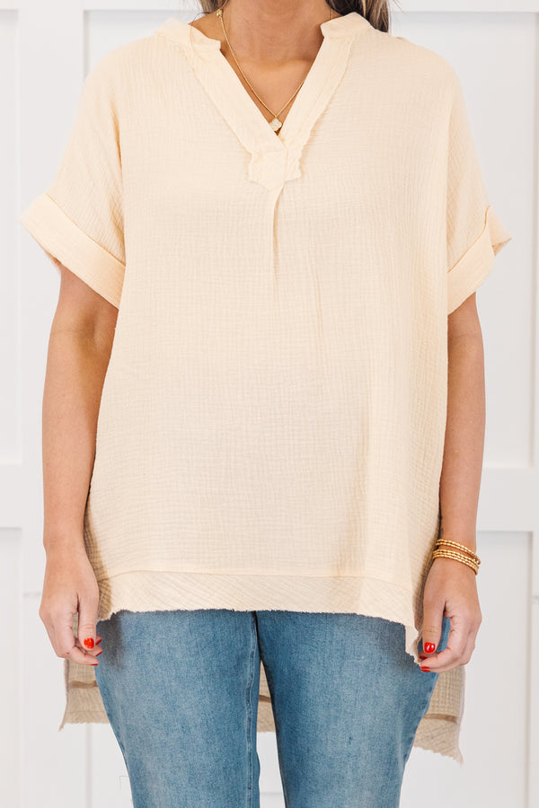 Chic Soul plus size clothing, natural beige short sleeve guaze-y top