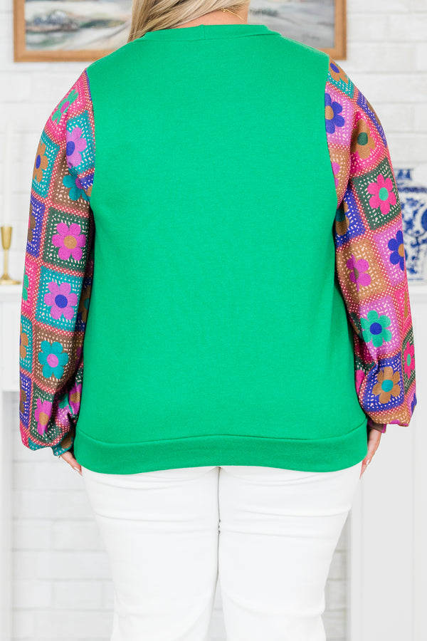 Chic Soul plus size clothing, kelly green top with multicolor floral quilt pattern bubble sleeves with a round neckline