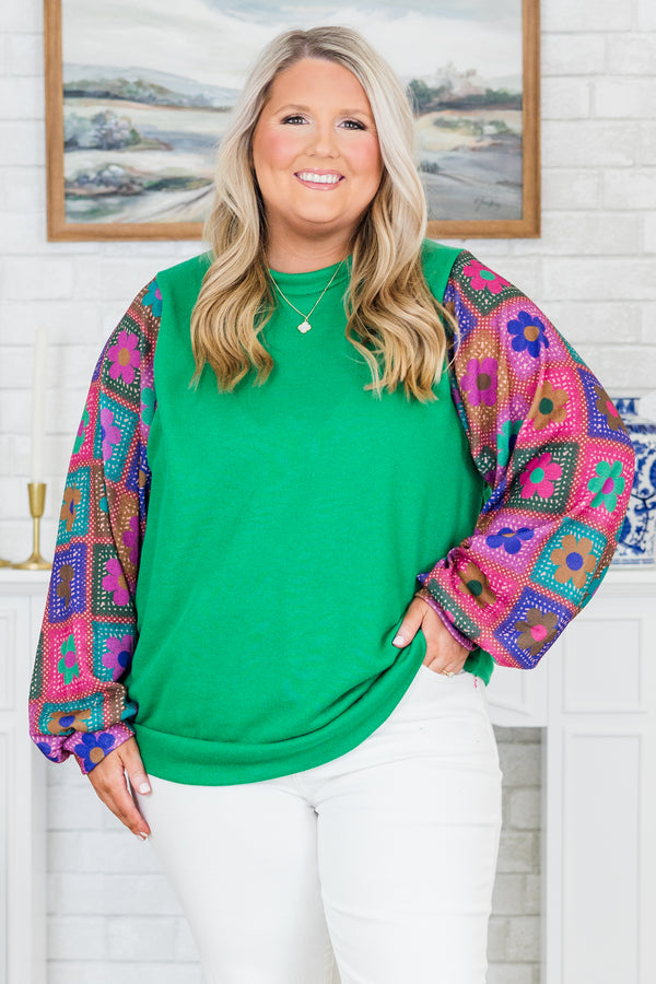Chic Soul plus size clothing, kelly green top with multicolor floral quilt pattern bubble sleeves with a round neckline