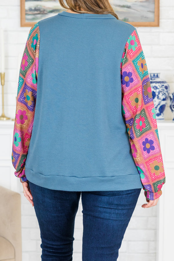 Chic Soul plus size clothing, slate blue long sleeve top with round neckline with floral multicolor abstract sleeves with cuff detail 