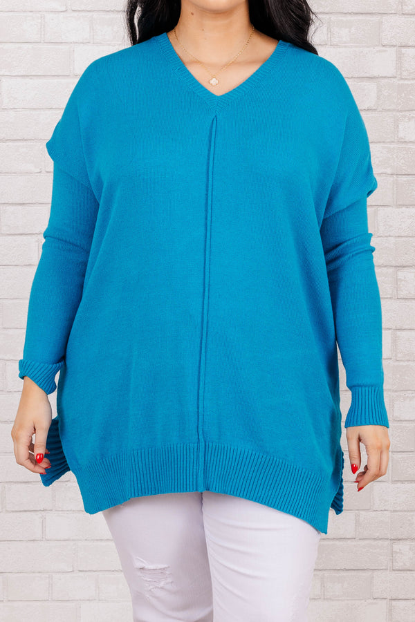 Chic Soul plus size clothing, urban blue knit sweater with split sides and vneck