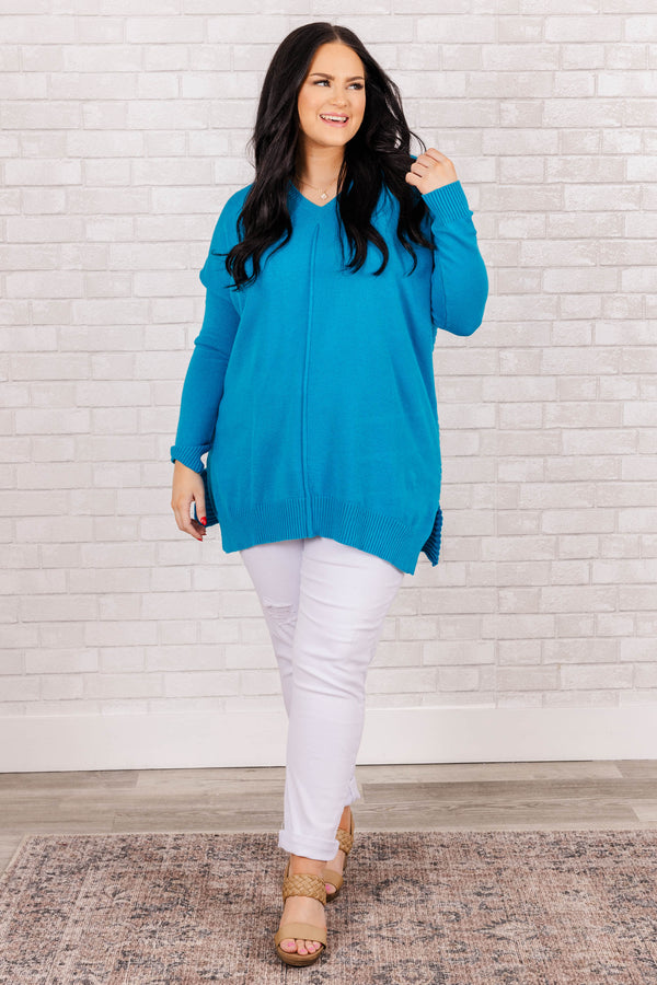 Chic Soul plus size clothing, urban blue knit sweater with split sides and vneck