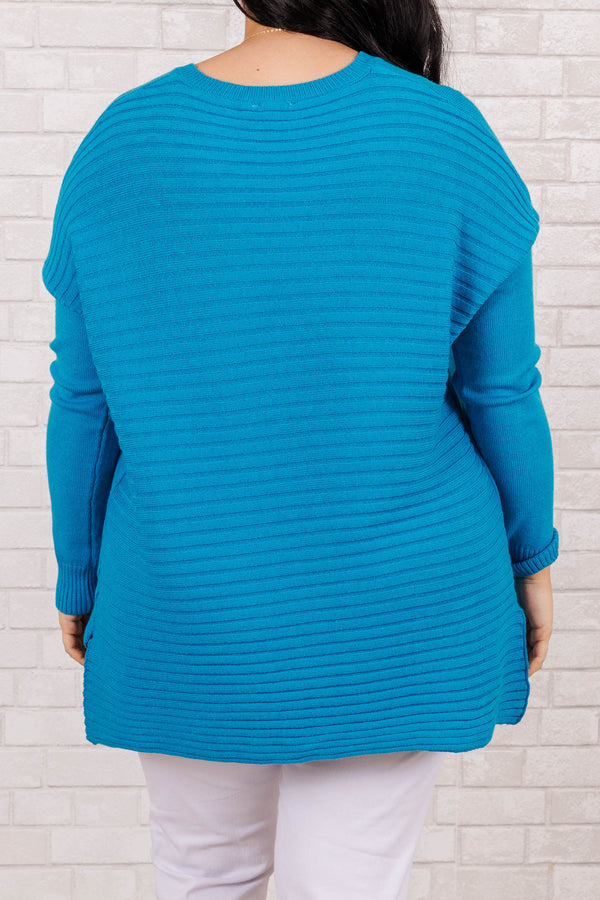 Chic Soul plus size clothing, urban blue knit sweater with split sides and vneck