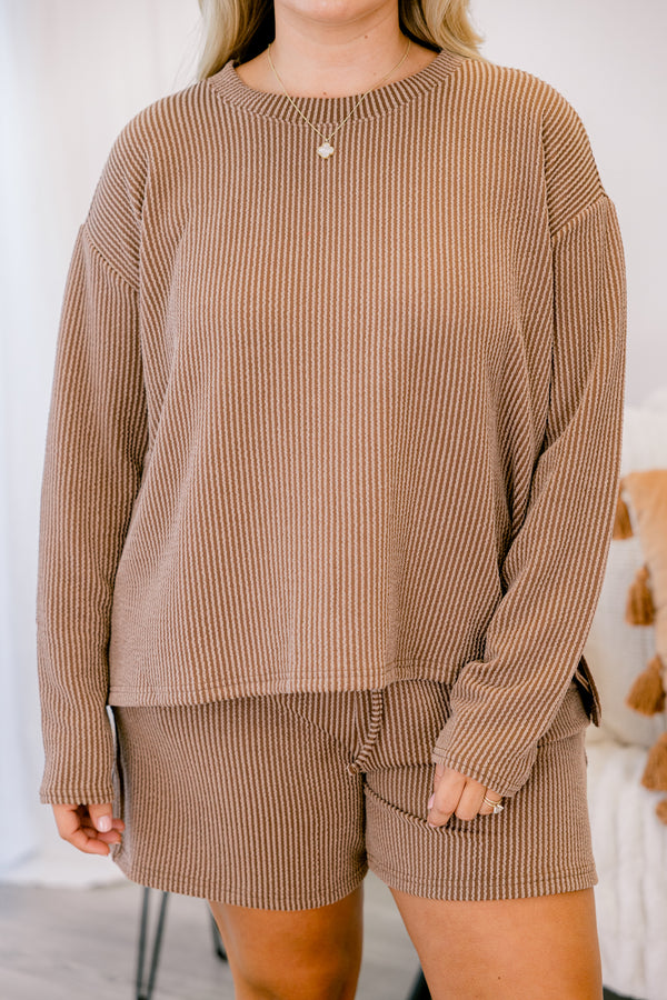 Chic Soul plus size clothing, light brown ribbed long sleeve and short lounge set 