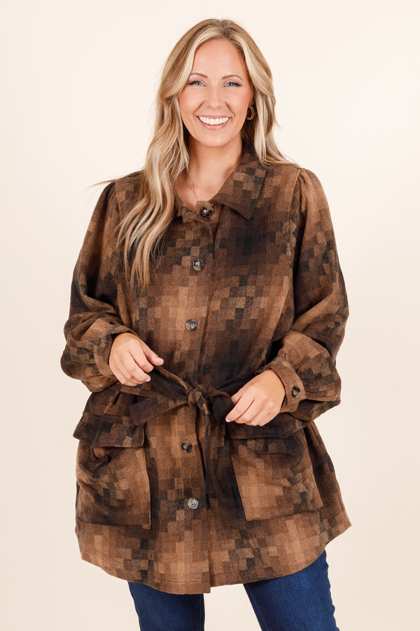 Chic Soul plus size clothing, brown square pattern oversized buttoned top with front pockets and a waist tie
