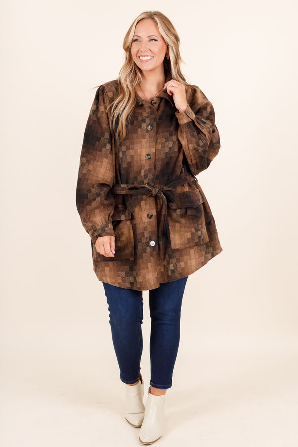 Chic Soul plus size clothing, brown square pattern oversized buttoned top with front pockets and a waist tie