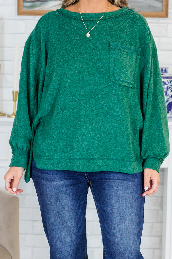 Chic Soul plus size clothing, long-balloon-sleeve dark green top with scoop-neckline and pocket on the bodice 