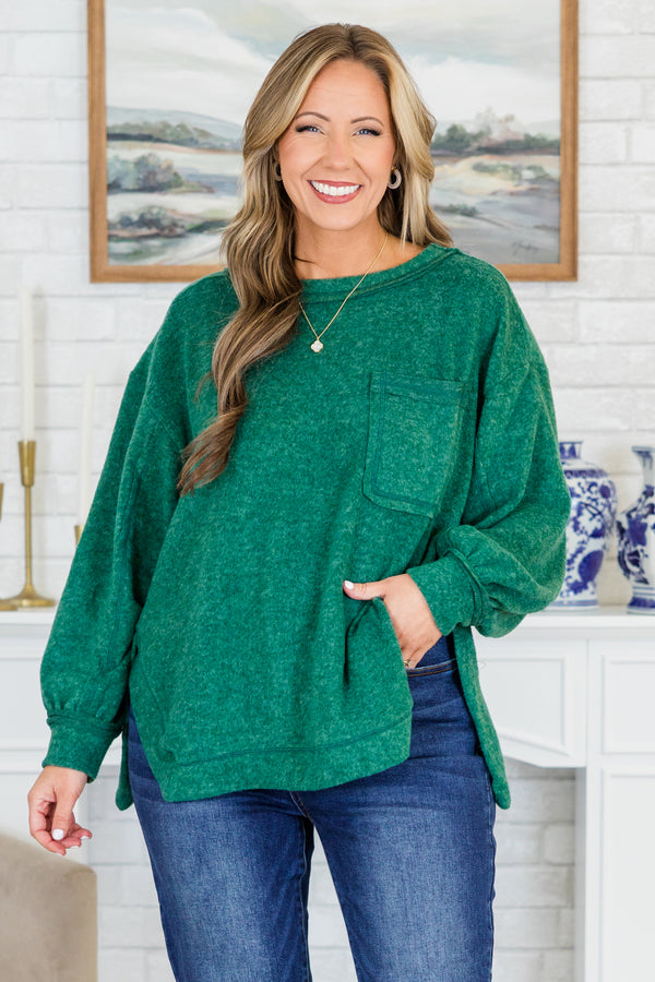 Chic Soul plus size clothing, long-balloon-sleeve dark green top with scoop-neckline and pocket on the bodice 