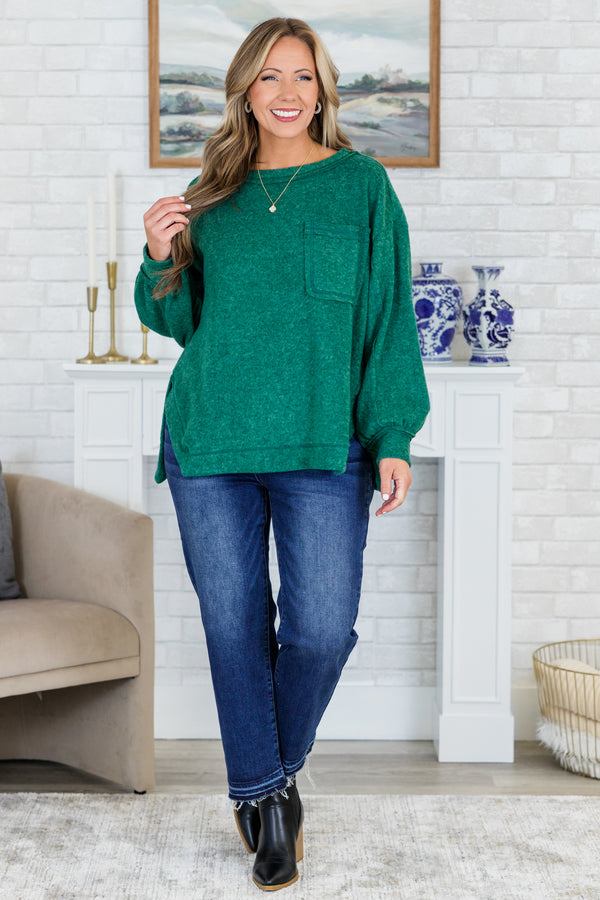 Chic Soul plus size clothing, long-balloon-sleeve dark green top with scoop-neckline and pocket on the bodice 