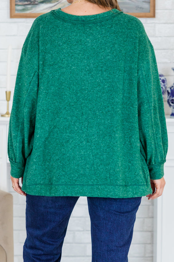 Chic Soul plus size clothing, long-balloon-sleeve dark green top with scoop-neckline and pocket on the bodice 