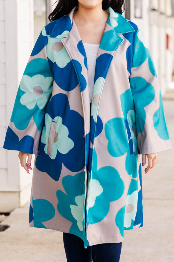 Chic Soul Plus size clothing, teal knee length coat with open front, long sleeves, teal blue and beige floral print.