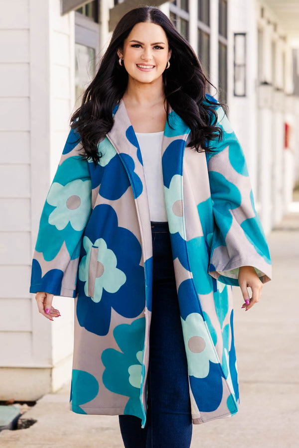 Chic Soul Plus size clothing, teal knee length coat with open front, long sleeves, teal blue and beige floral print.