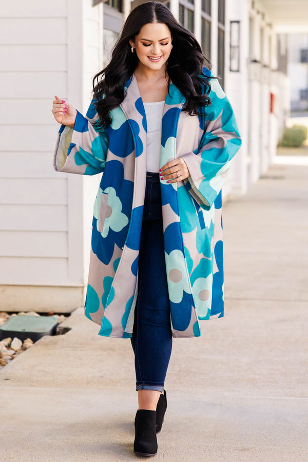 Chic Soul Plus size clothing, teal knee length coat with open front, long sleeves, teal blue and beige floral print.