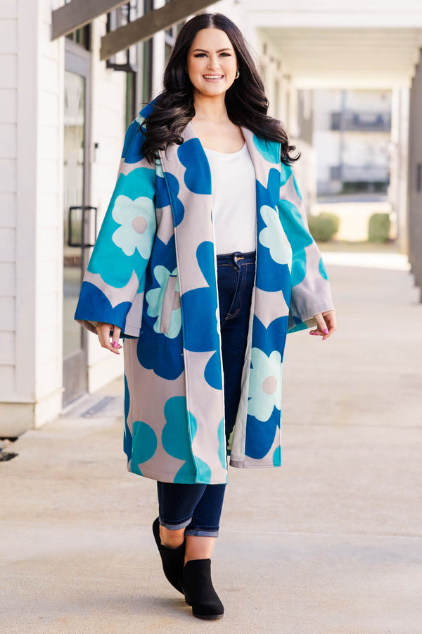 Chic Soul Plus size clothing, teal knee length coat with open front, long sleeves, teal blue and beige floral print.