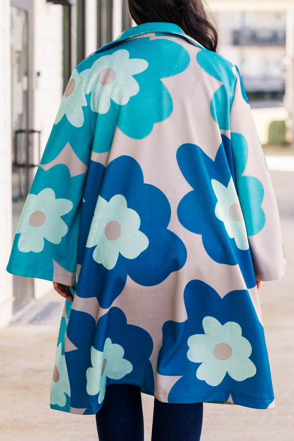 Chic Soul Plus size clothing, teal knee length coat with open front, long sleeves, teal blue and beige floral print.