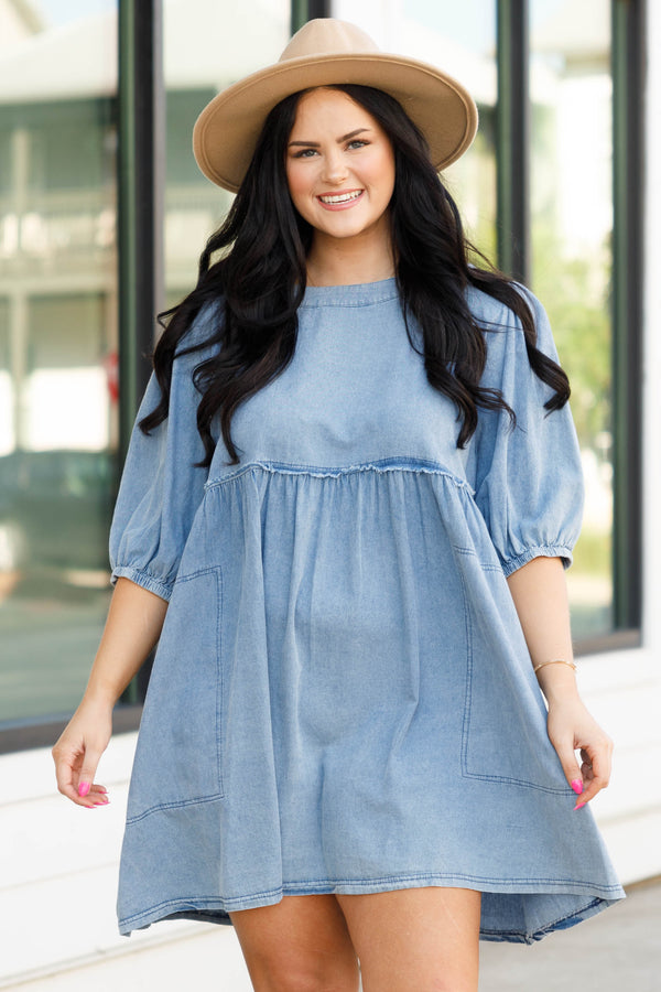 Chic Soul plus size clothing, light colored denim dress with bubble sleeves