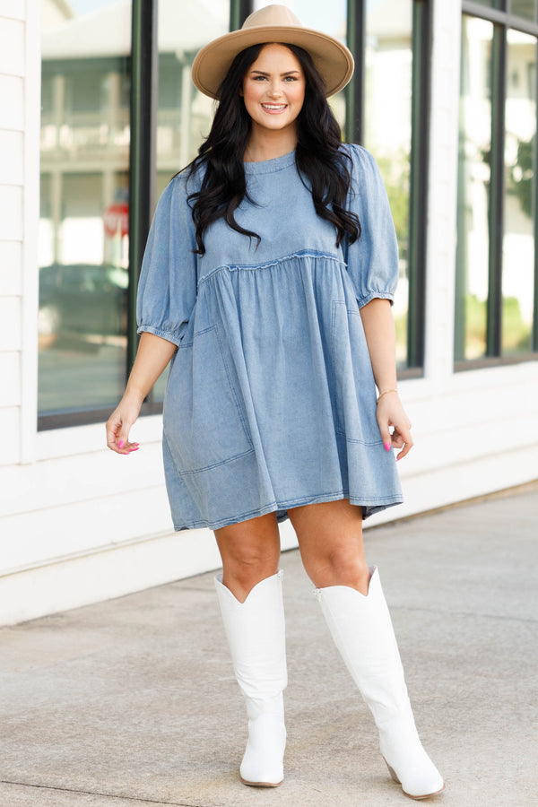 Chic Soul plus size clothing, light colored denim dress with bubble sleeves