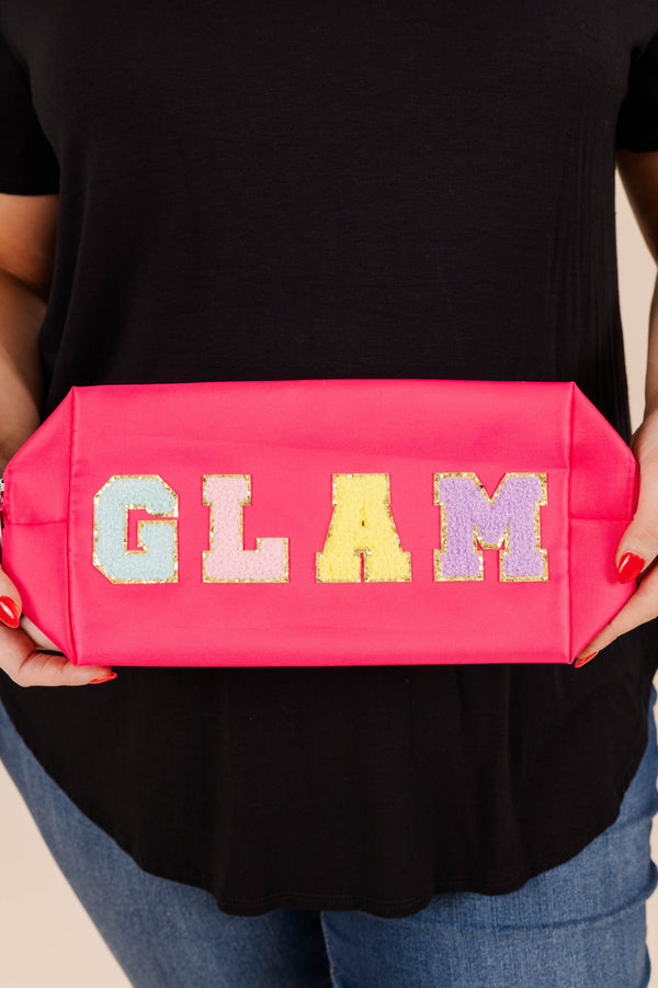 Chic Soul plus size clothing, neoprene fuchsia pouch with tufted multi color letters spelling 
