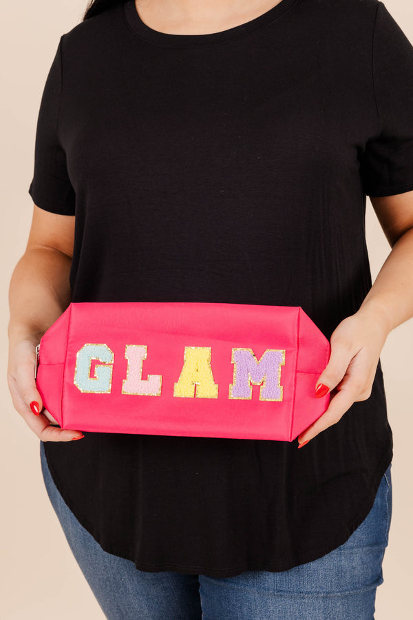 Chic Soul plus size clothing, neoprene fuchsia pouch with tufted multi color letters spelling 