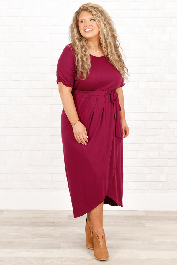 Chic Soul plus size clothing, dark plum midi dress with a tie at the waist and crisscross hemlines